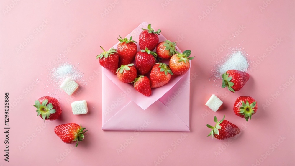 Pink Envelope Filled with Fresh Strawberries and Sugar Cubes on Pink Background Pink Envelope Filled with Fresh Strawberries and Sugar Cubes on Pink Background