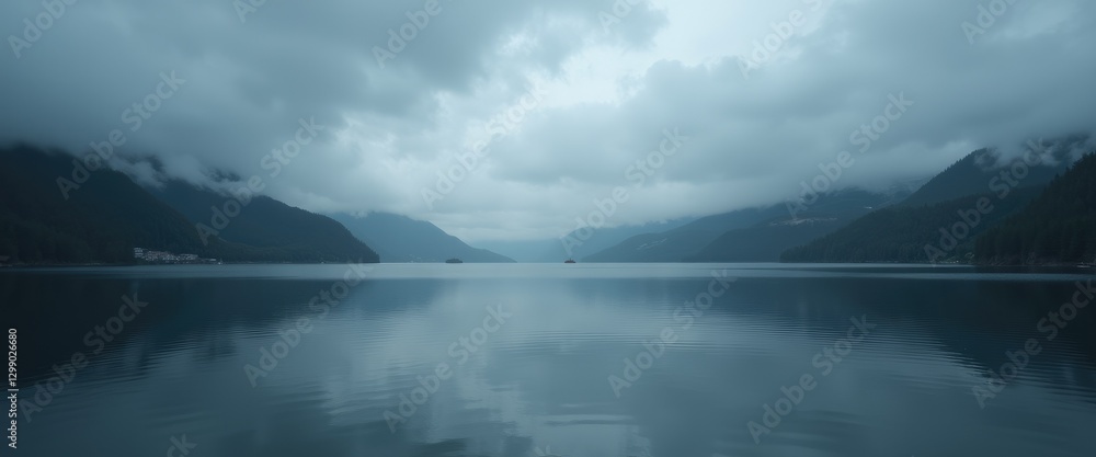Fototapeta premium Misty lake panorama, serene mood, featuring soft ripples and mountains, under cloudy sky background