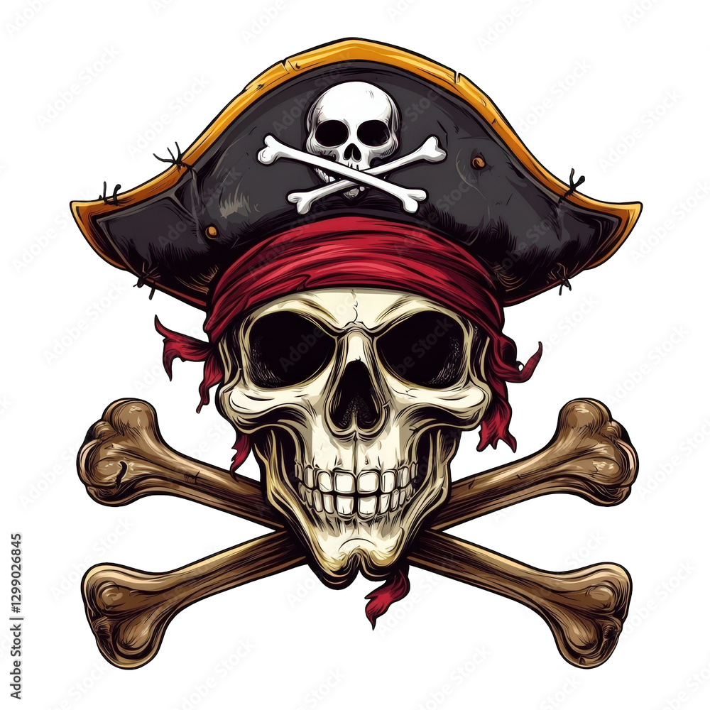 Fototapeta premium Pirate skull with crossed bones, wearing classic hat and red bandana, symbolizes adventure and danger. striking emblem of pirate lifestyle