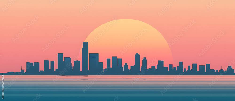 Naklejka premium Breathtaking Sunset Over Urban Skyline with Soft Pink and Orange Hues Reflected on Water Surface