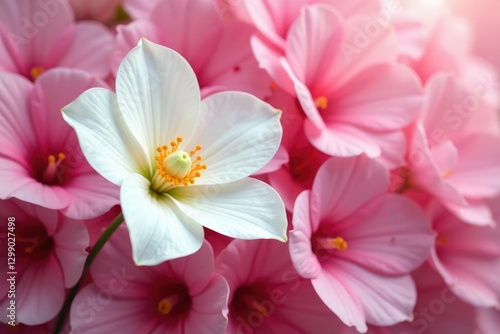 White flower gently unfurls against a backdrop of cascading soft pink petals, flowers, gentle