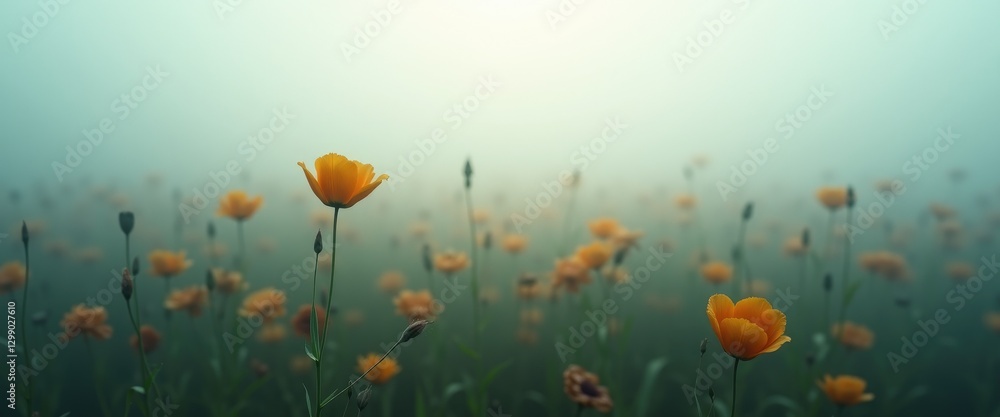 Soft yellow flowers emerging in a foggy atmosphere creating a tranquil garden landscape with copy space Soft yellow flowers emerging in a foggy atmosphere creating a tranquil garden landscape with copy space