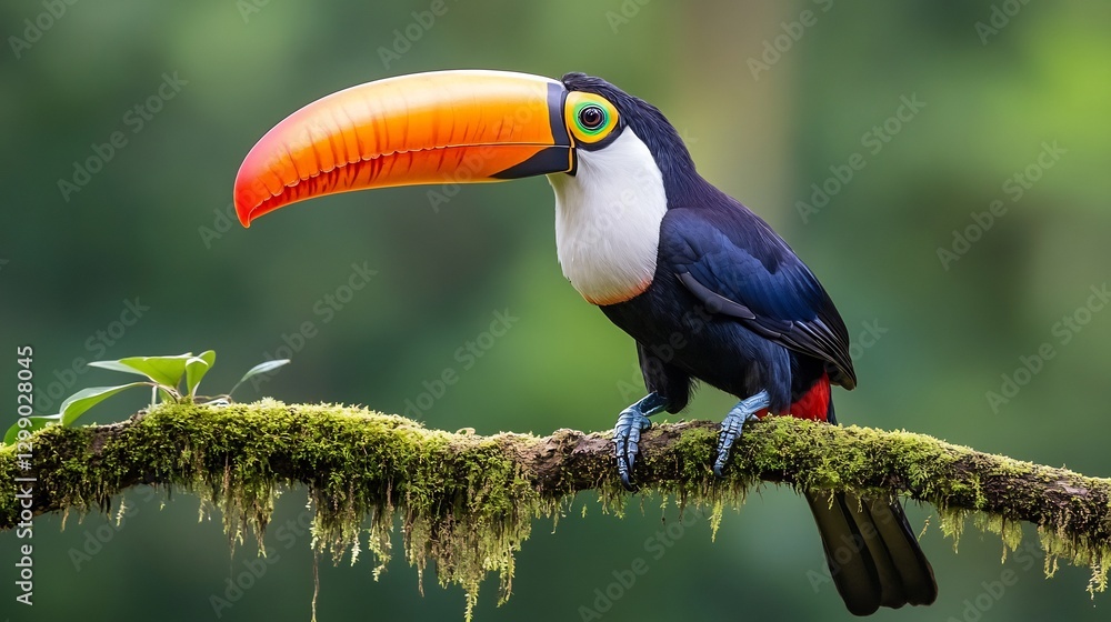 Obraz premium Striking Toco Toucan perched on a moss covered branch in the rainforest its enormous orange beak glowing vibrantly against the lush green backdrop