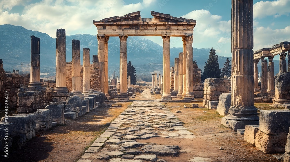 Fototapeta premium Captivating Greco Roman Architectural Ruins in Serene Pastoral Setting with Intricate Stone Arches and Towering Columns