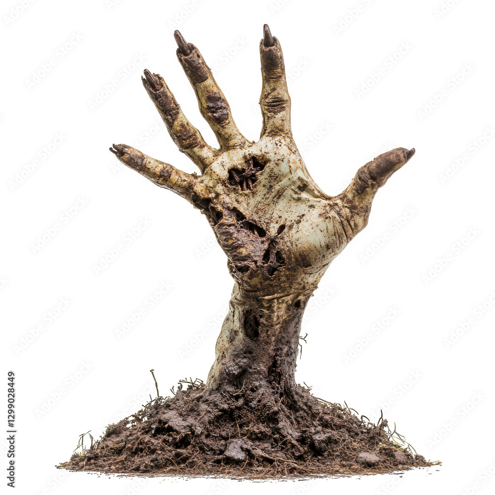 Fototapeta premium zombie hand rising from ground, evoking horror and suspense in chilling scene. This eerie image captures essence of horror themed atmosphere