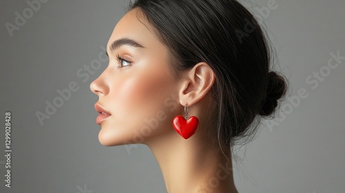 Close-up portrait of a beautiful woman with red heart-shaped earrings on a gray background, in profile. A fashion model wearing luxury earrings. A Valentine's Day concept, with copy space for text. 