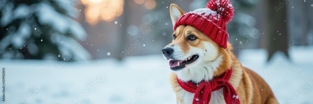 Red Corgi duo in warm hats, heavy snowfall Winter park scene , pet photography, heavy snow, fluffy Red Corgi duo in warm hats, heavy snowfall Winter park scene , pet photography, heavy snow, fluffy