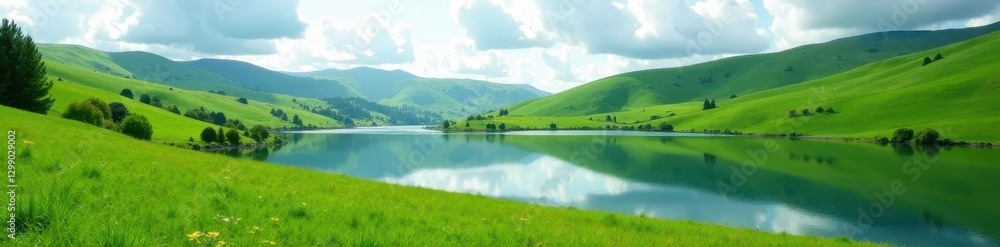 Rolling hills, green pastures meet still lake, landscape, mountain, autumn Rolling hills, green pastures meet still lake, landscape, mountain, autumn