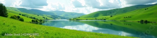 Rolling hills, green pastures meet still lake, landscape, mountain, autumn