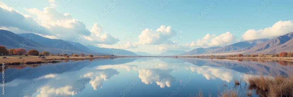 Obraz premium Shallow lake on flatlands, cloudscape reflected, tranquil scene , still, outdoor