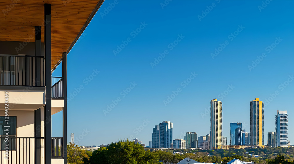 Obraz premium City Skyline View from Balcony with Modern Architecture and Blue Sky During Daylight