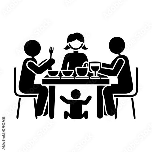 Family dining together, black and white pictogram for meals, unity, and home themes