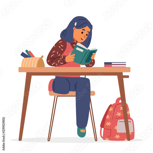 School girl sitting at desk reading textbook flat vector illustration isolated on white.