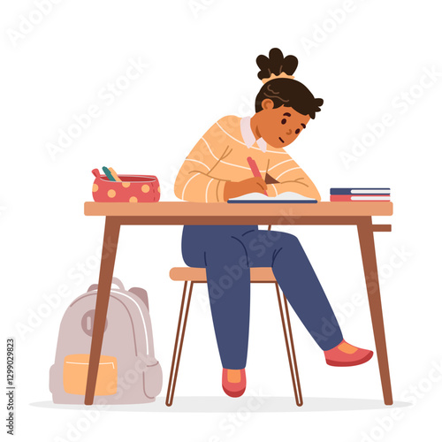School girl sitting at desk writing flat vector illustration isolated on white.