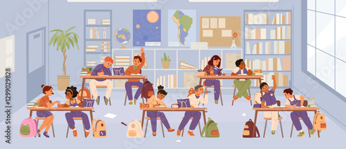 School classroom interior with diverse pupils sitting in pairs at desks studying, chatting, raising hand flat vector illustration.
