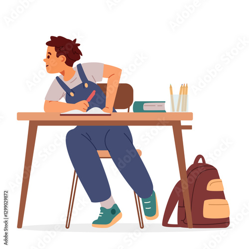 School boy sitting at desk in classroom flat vector illustration isolated on white.