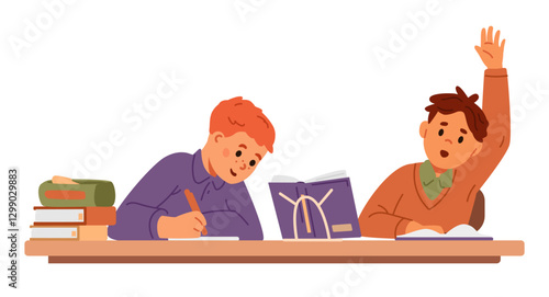 Two school boys sitting at desk in classroom studying, writing, raising hand flat vector illustration isolated on white.