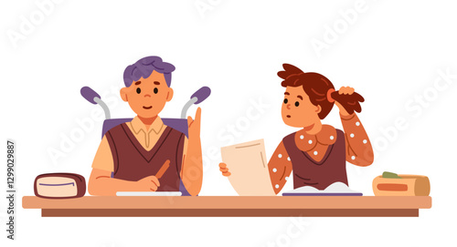 Two classmates a boy using wheelchair and a girl sitting at desk in classroom studying flat vector illustration isolated on white. 