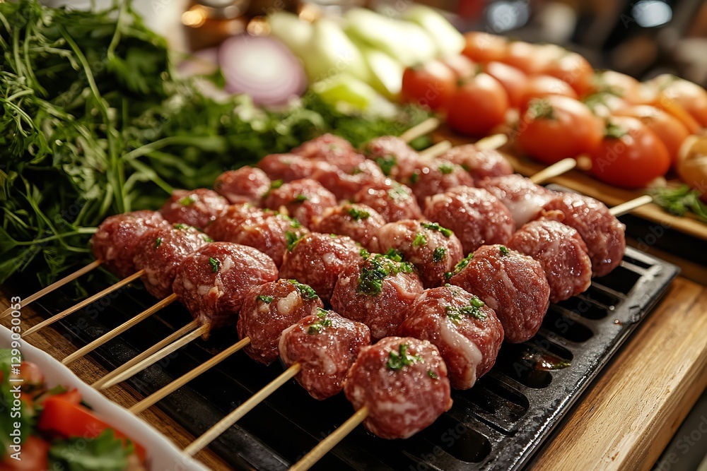 Fresh ingredients, meat skewers, and a variety of meatball skewers on display Meatballs, sausage, and skewers Shabu's Thai street food, grilled. Generative Ai Fresh ingredients, meat skewers, and a variety of meatball skewers on display Meatballs, sausage, and skewers Shabu's Thai street food, grilled. Generative Ai