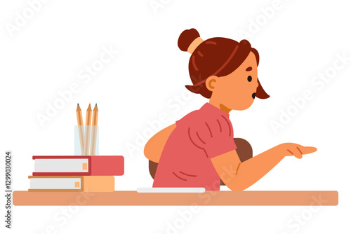 School girl sitting at desk with stationary in classroom chatting flat vector illustration isolated on white.