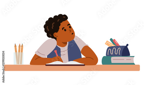 African American school boy sitting at desk in classroom thinking flat vector illustration isolated on white.