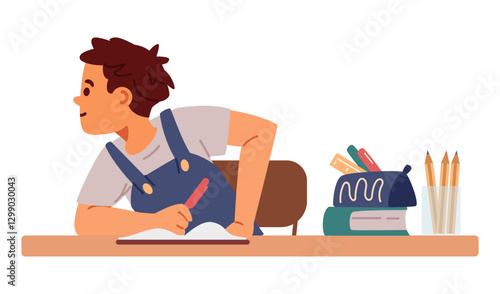School boy sitting at desk with stationary flat vector illustration isolated on white.