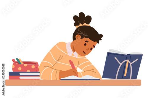 School girl sitting at desk with textbook writing flat vector illustration isolated on white.