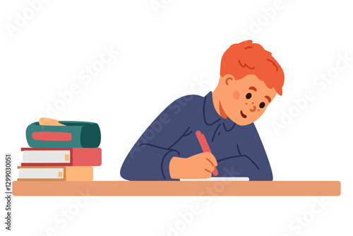 School boy sitting at desk with stationary writing flat vector illustration isolated on white.