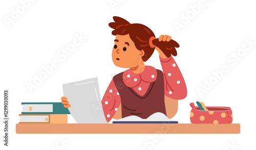 School girl sitting at desk in classroom reading test thinking flat vector illustration isolated on white.