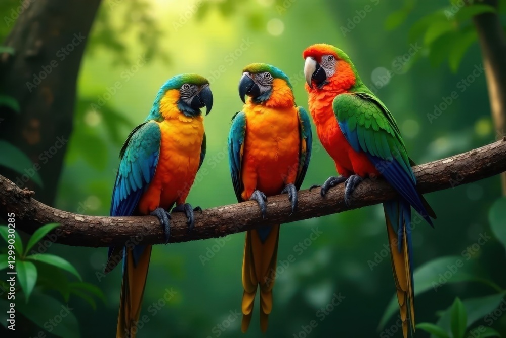 Three parrots on a thick vine, dense rainforest background, jungle scene, rainforest, animals Three parrots on a thick vine, dense rainforest background, jungle scene, rainforest, animals