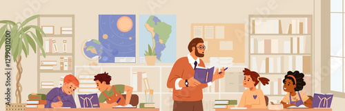 School classroom with children and man teacher during the lesson flat vector illustration.
