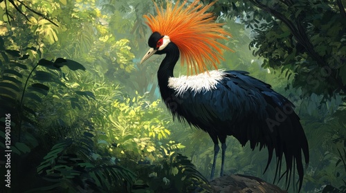 Majestic Crane in Lush Tropical Forest