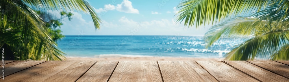 Fototapeta premium A close-up of a rustic wooden table, its grain and texture highlighted, with a breathtaking view of the sparkling ocean waves gently lapping at the shore in the background.
