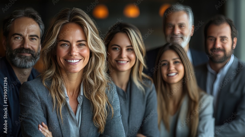 A diverse group of six professionals poses together in a modern office setting. A diverse group of six professionals poses together in a modern office setting.