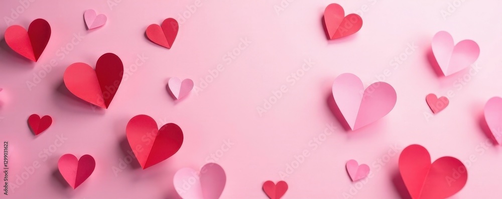 Delicate pink and red paper hearts scattered on a soft pink background , handmade, romantic, delicate Delicate pink and red paper hearts scattered on a soft pink background , handmade, romantic, delicate