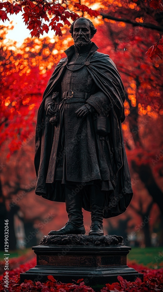 Naklejka premium Historical Statue in Autumn Park with Red Leaves and Vibrant Foliage