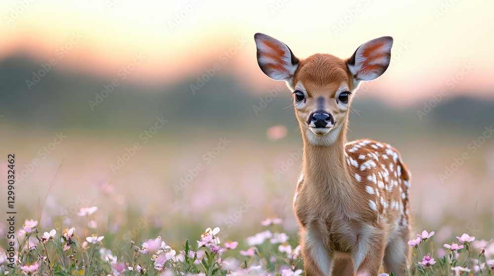 Fawn in field at sunset. Possible use nature photography Fawn in field at sunset. Possible use nature photography