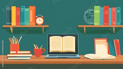 Wallpaper Mural Minimalist Teacher s Workspace with Neatly Arranged Books Laptop and Notebook Torontodigital.ca