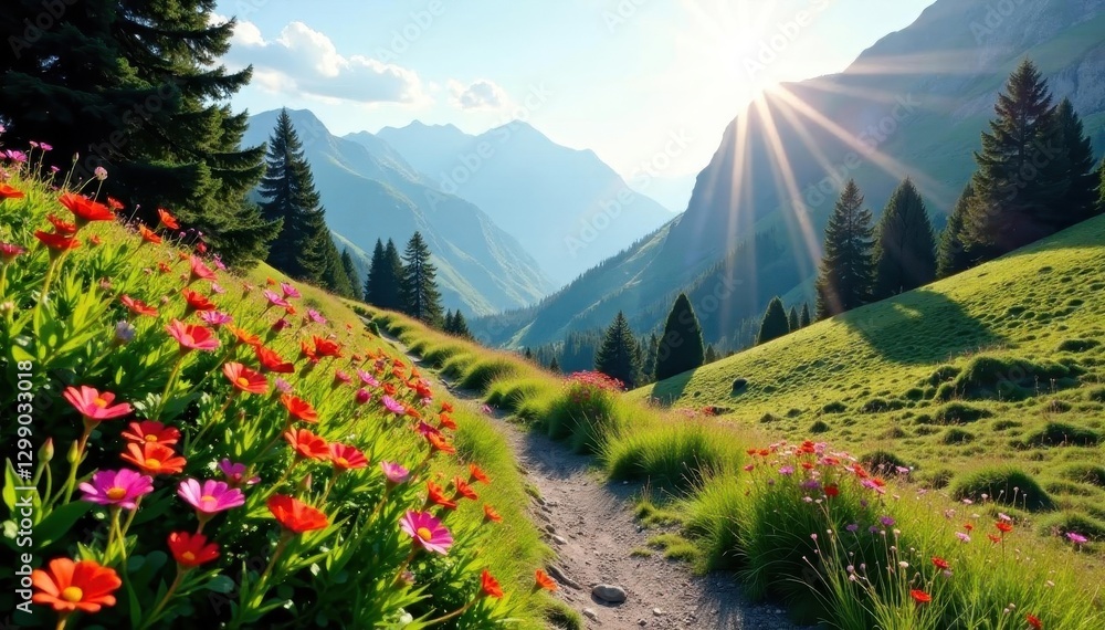 Sun-dappled mountain trail, wildflowers blooming, serene, adventure Sun-dappled mountain trail, wildflowers blooming, serene, adventure
