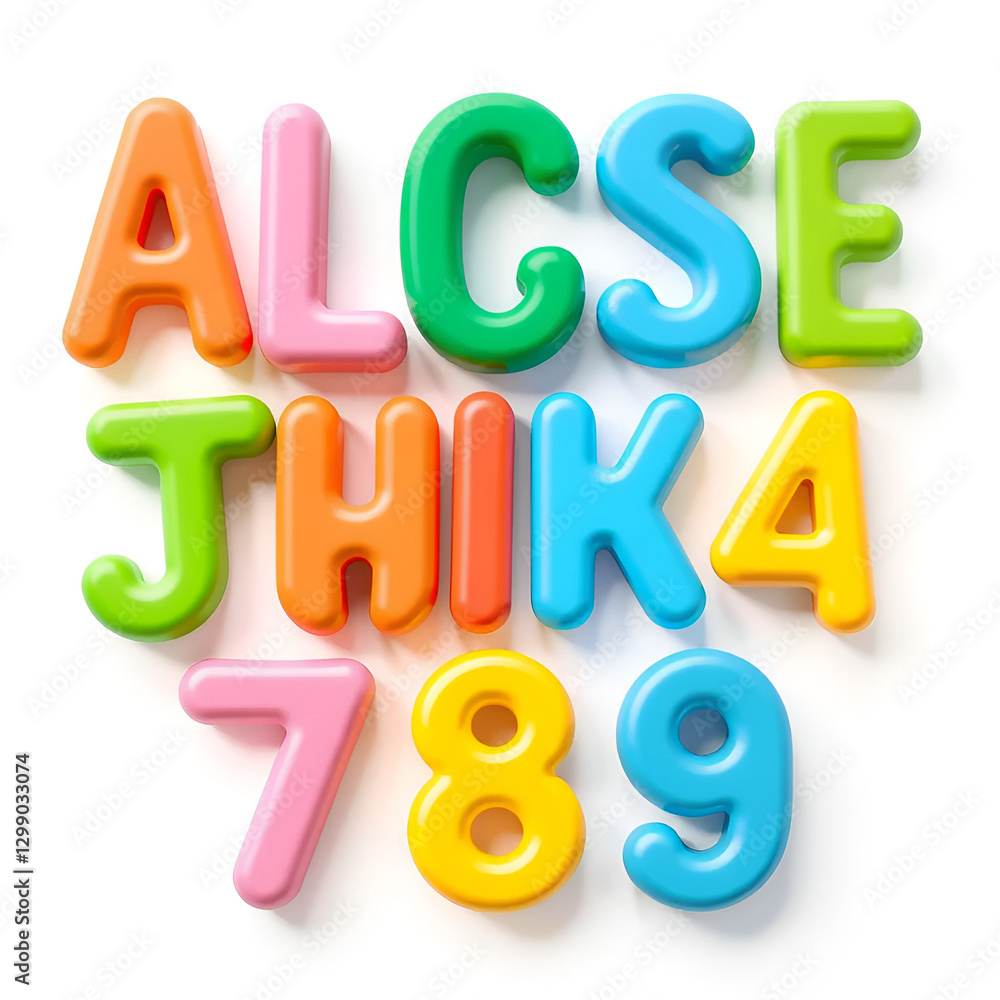 Naklejka premium Set of cute colored letters and numbers with 3d effect isolated on white background.