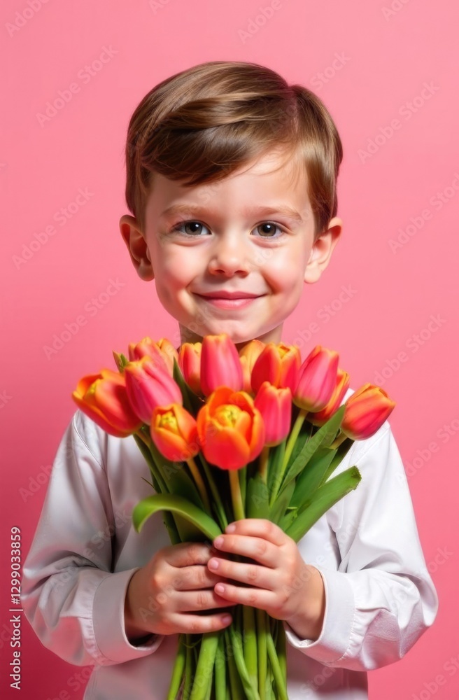 vertical banner, portrait of a smiling little boy with blonde hair, holding a bouquet of pink tulips, a gift for mom, mother's day, pink background vertical banner, portrait of a smiling little boy with blonde hair, holding a bouquet of pink tulips, a gift for mom, mother's day, pink background