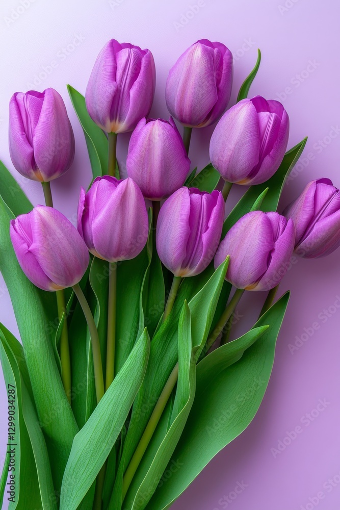 A vibrant arrangement of purple tulips positioned at an angle on a soft blue backdrop A vibrant arrangement of purple tulips positioned at an angle on a soft blue backdrop