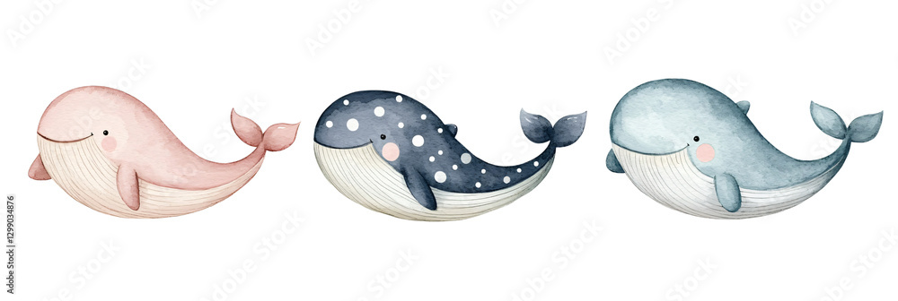 Fototapeta premium Watercolor whales in a playful marine scene soft colors underwater artistic background serene environment