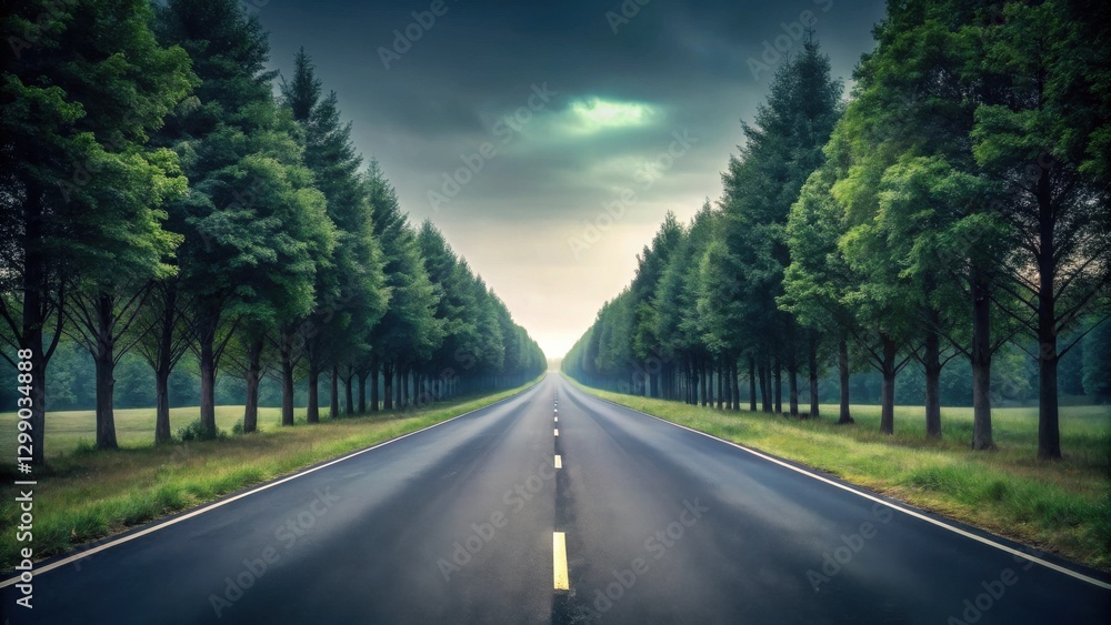 Obraz premium Asphalt Path Through Verdant Trees Leading to a Serene Horizon Under a Cloudy Sky