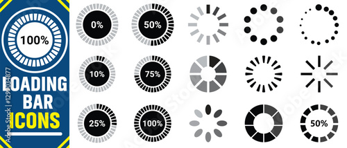 set of loading bar icons. Loading Bar Set. Progress bar loading signs.Percentage loading bar infographic icon set. Collection of loading and buffering symbols for websites, app, logo. photo