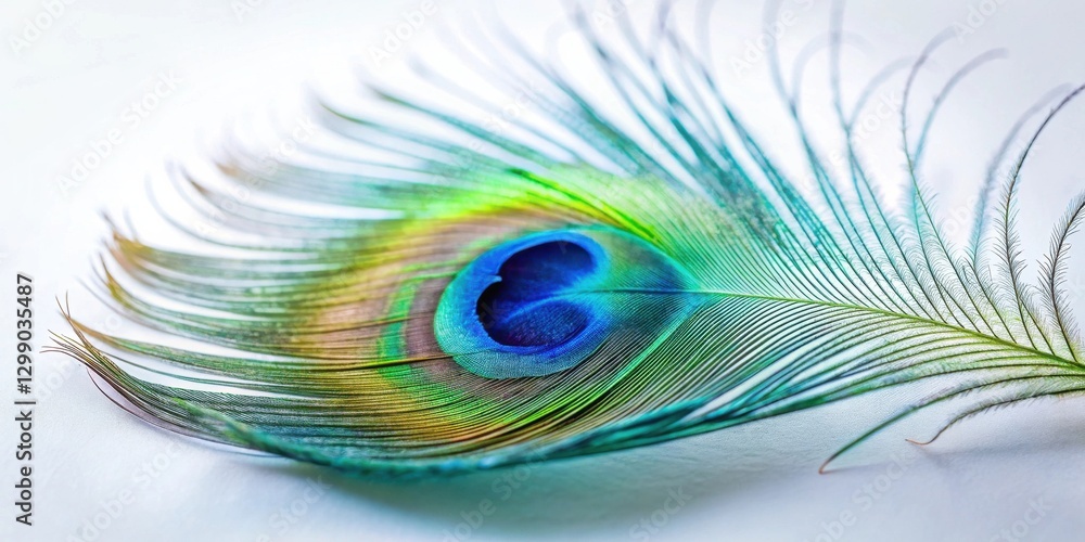 Obraz premium A Single Vibrant Peacock Feather Displaying Iridescent Hues and Intricate Details on a Smooth Surface