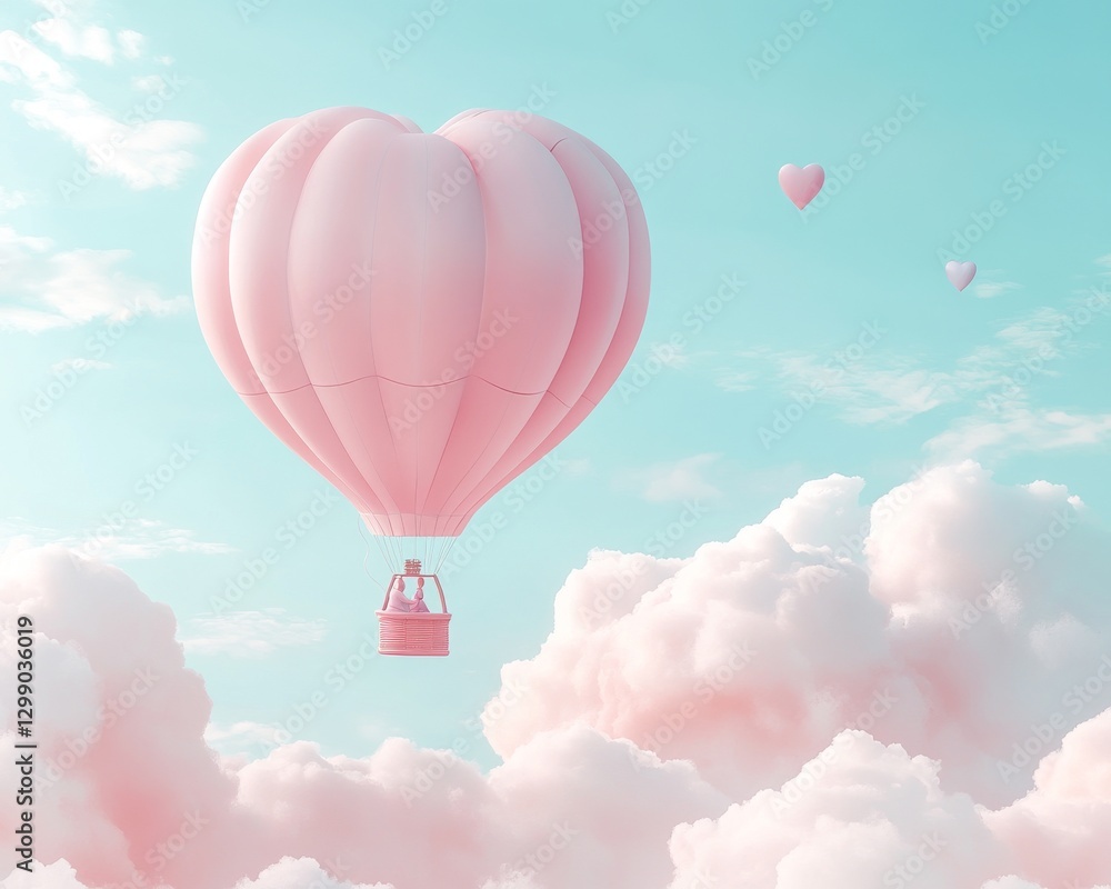 Fototapeta premium A hot air balloon embellished with Valentine decorations, ascending under a clear midday sky