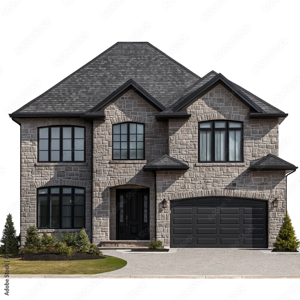 A gray stone house with black windows and a garage door isolated on a transparent background PNG A gray stone house with black windows and a garage door isolated on a transparent background PNG