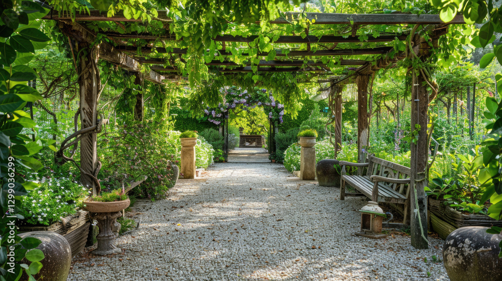 Serene Garden Pathway with Lush Greenery and Rustic Wooden Pergola in a Tranquil Outdoor Setting Serene Garden Pathway with Lush Greenery and Rustic Wooden Pergola in a Tranquil Outdoor Setting