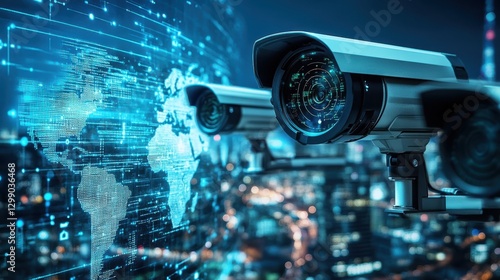 Global security surveillance network with digital overlays on a world map, representing military defense and monitoring systems